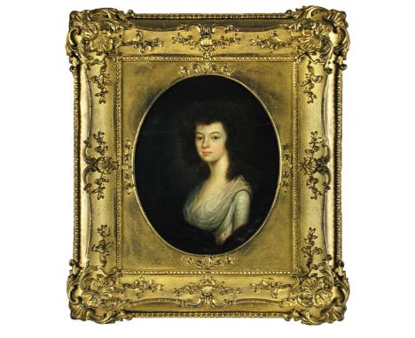 English School (18th Century)  Portrait of a young girl with Titian red hair in curls, in a white and pink with a russet cloa