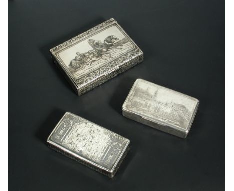 A 19th century Russian silver snuff box, maker's mark JJ, assay master A.K., rectangular, engraved with architectural scenes,