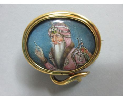 A 19th century brooch with Indian portrait miniature of Maharaja Ranjit Singh, the oval portrait on ivory is finely painted i