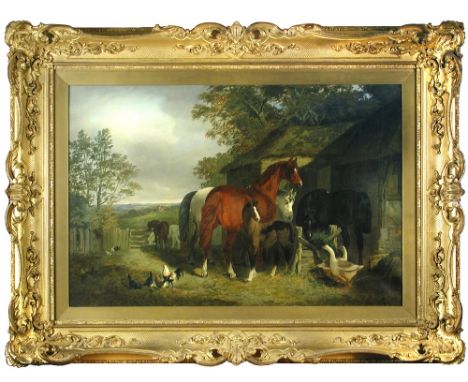 John Frederick Herring, Junior (British, 1820–1907) A Farmyard with a chestnut, a grey, a bay and a foal with geese signed lo