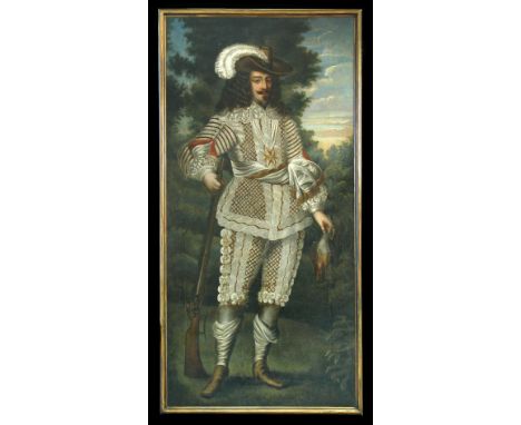 French Provincial School, (mid 17th Century)  Portrait of a French nobleman, standing full length, in elaborate sportsman's o