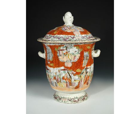 A rare 19th century Mason's two-handled dole/bread bin and cover, the fluted pedestal body and domed cover decorated with the