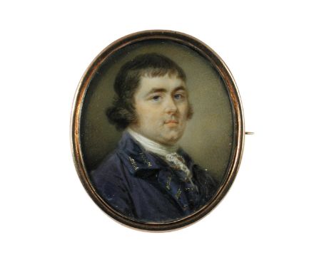 Jeremiah Meyer, R.A. (Anglo-German, 1735-1789) Portrait of a gentleman, wearing a lilac-coloured coat with gold braided butto