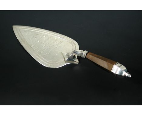 A Victorian silver presentation trowel, by Francis Higgins II, London 1879, the tear drop shaped blade engraved inscribed 'Pr