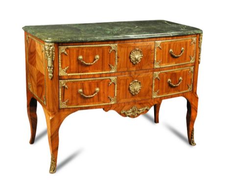 A Louis XV style kingwood commode, 20th century, with verdure painted marble and gilt mounts, two drawers and on swept legs a