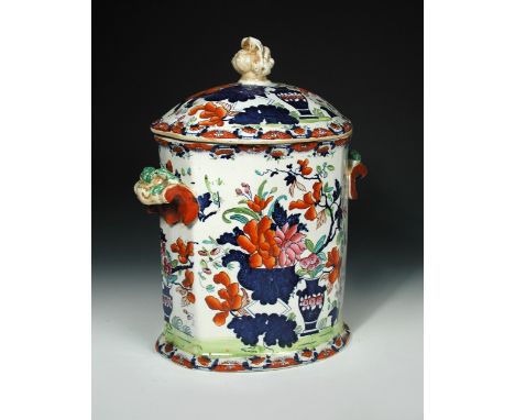 A 19th century Mason's ironstone two handled imari dole/bread bin and cover, of slender ovoid form with lamprey head handles,