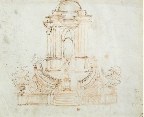 Follower of Filippo Juvarra (Italian, 1678-1736) Design for a classical temple in an ornamental garden, the verso showing an 