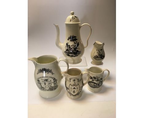 Various items of late 18th/early 19th century en-grisaille printed creamware pottery, to include a coffee pot and cover decor