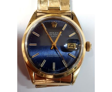Rolex - a gentleman's gold plated steel cased 'Oyster Perpetual Date' automatic wrist watch, with blue dial, baton numerals, 