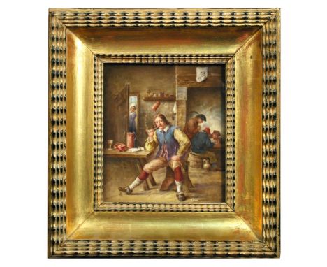 A Royal Worcester porcelain plaque, date code for 1913, painted by William A Hawkins with 'The Smoker After D. Teniers' sitti