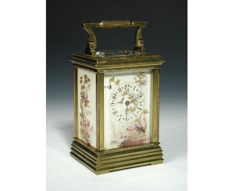 A French brass and porcelain panel repeating carriage clock, late 19th century, the dial and sides (cracked) painted with bir