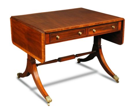 A Regency mahogany sofa table, crossbanded in satinwood with alternate drawers and brass handles, on standard end supports un