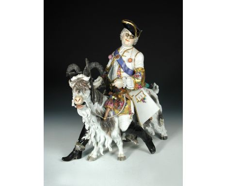 A large Meissen figure of Count Brühl's Tailor, late 19th century, after the 18th century model by J.J. Kaendler, wearing a t