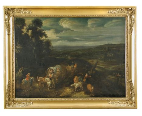 Follower of Jan Brueghel the Younger (Dutch, mid 17th Century) A soldier on horseback greeting travellers in a covered waggon