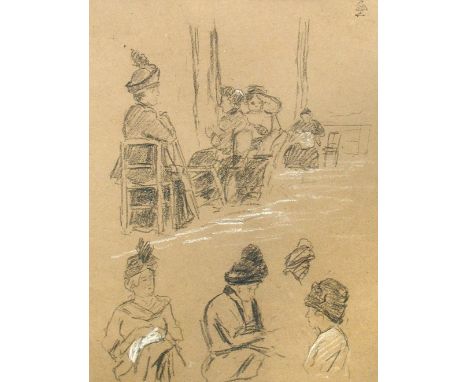 Walter Richard Sickert, A.R.A. (British, 1860-1942) A Sketch of Edwardian women in hats, some crocheting, circa 1890s charcoa