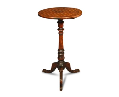 A parquetry inlaid tripod table, 19th century, the top with trompe l'oeil inlays, banded in rosewood, on turned column and sh