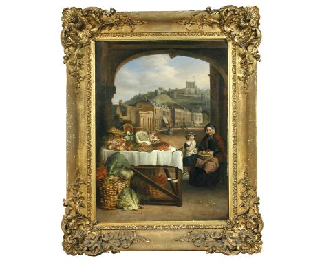 W *** R *** Waters (British, fl. 1829-1877) View of Dover Castle, Kent, with a fruit and vegetable market in the foreground s