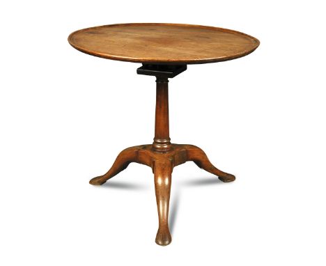 A George II mahogany tripod table, with a birdcage support and tray edge circular top, on three legs with pad feet 72 x 76cm 