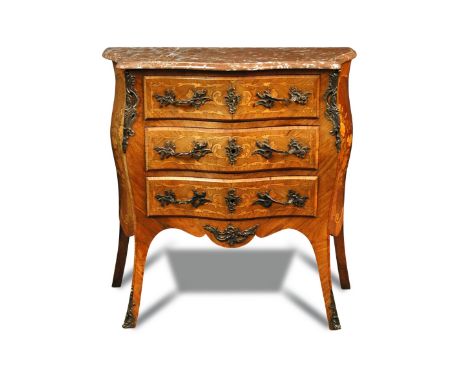 A Louis XV style kingwood bombe petite commode, 20th century, with a rouge marble and marquetry inlaid decoration, ormolu mou