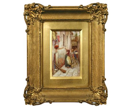 A Royal Worcester porcelain plaque, date code for 1914, painted by William A Hawkins with 'A Street Wrangle After C. Van Haan