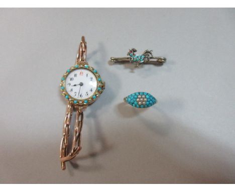 A small collection of turquoise set jewellery, to include a ring with domed navette front pavé set with round cabochon turquo