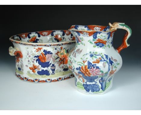 A 19th century Mason's imari two handled footbath and water jug, decorated in the typical palette of iron red and blue with f