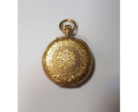 Unsigned - a lady's 18ct gold hunter cased keyless fob watch, the white enamel dial printed in black with Roman numerals, the