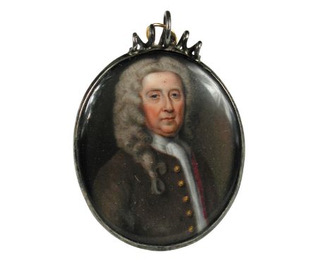 William Prewett (British, fl.1735-1755) Portrait of a gentleman, standing three-quarter length, wearing a brown coat and whit