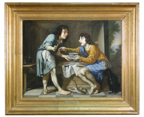 Follower of Sebastien Bourdon (French, 1616-1671) A servant giving his master soup in a Wanli Kraak bowl after the hunt oil o