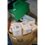 Box of Assorted Lighting, Phones, and a Petrol Can
