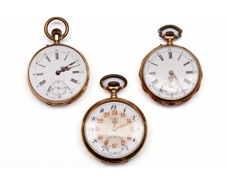 Drie 14 kt. gouden remontoir horloges, allen met seconde aanduiding en onedele binnendeksel (één zonder glas) bruto 206,0 gr.
