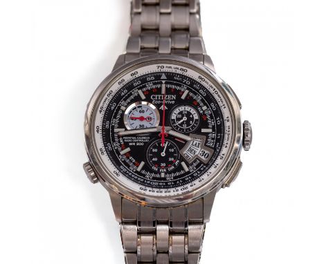 Citizen, stalen heren polshorloge, Eco Drive. Radio-Controlled Chronograaf World Timer en Perpetual Calender. De zwart wijzer