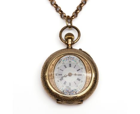 14 kt. Gouden remontoir horloge aan een jasseron schakel ketting. De kast gedecoreerd met bloemgravures, een schild en zwart 
