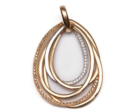 Al Coro, 18 kt. gouden druppelvormige hanger, opgebouwd uit verschillende lussen in rood- en witgoud, deels bezet met witte e