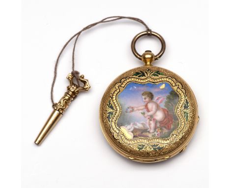 N. Robert Bornand, 18 kt. gouden sleutel horloge. De voorzijde met een voorstelling van cupido met bloemenkrans en twee duifj