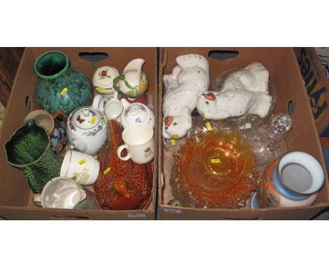 Two boxes of assorted china and glass to include: pair of Staffordshire seated spaniels; commemorative mugs, various; pottery