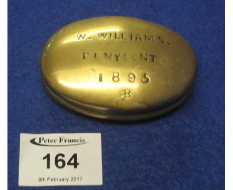 Welsh brass miner's tobacco or snuff box, engraved: W. Williams, Penybont, 1895.