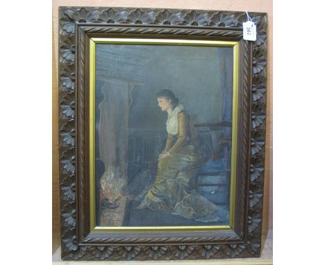 British School, (early 20th Century), portrait of a woman sitting by a fire, oils on canvas.  Carved walnut frame.   CONDITIO