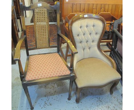 Early 20th Century stained cane back armchair together with reproduction button back show frame bedroom chair. (2)