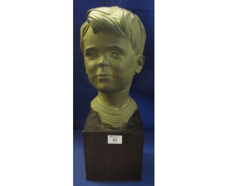 Abayany (?) verdigris metal portrait bust of a young boy on wooden plinth base.  Signed indistinctly.