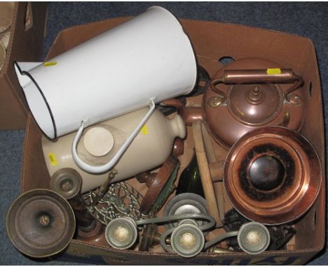 Box of assorted items to include: vintage copper teapot; stoneware bottle; pair of oak barley twist candlesticks; brass trive