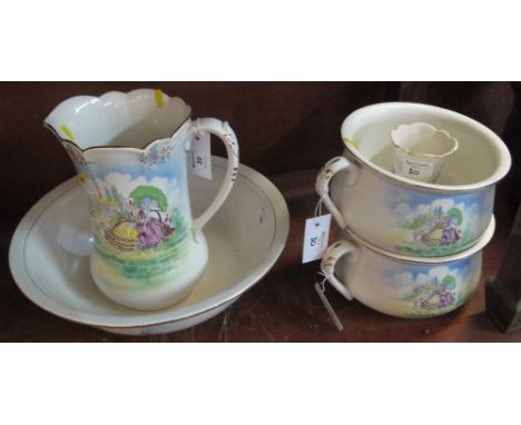 Falconware Staffordshire Pottery jug and basin set, transfer printed with crinoline ladies in gardens, comprising: jug; basin
