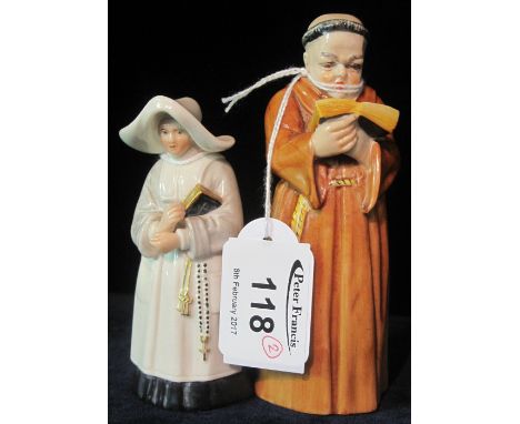 Royal Worcester porcelain candle snuffer fashioned as a monk reading, together with another Royal Worcester candle snuffer in
