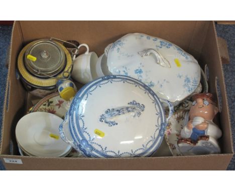 Box of assorted china to include: Mason's 'Game Birds' plate; Royal Crown Derby 'Derby Days' plate; floral biscuit barrel; bl