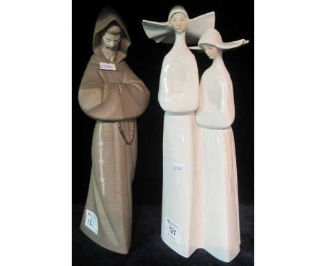 Lladro porcelain matt finished figure of a monk, together with a Lladro porcelain double figurine of a pair of nuns, both wit