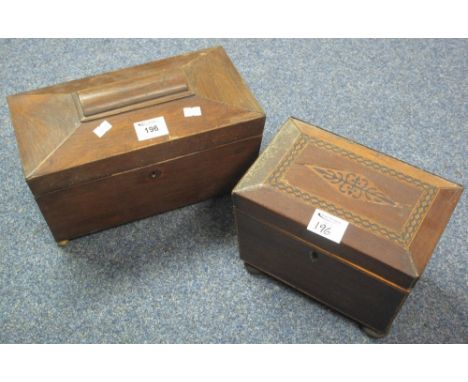 19th Century mahogany sarcophagus two section tea caddy together with another inlaid two section tea caddy. (2)