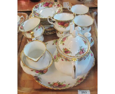 Tray of Royal Albert 'Old Country Roses' bone china teaware to include: cups; saucers; plates; salt and pepper; milk jug; suc