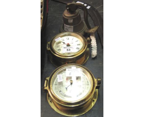 Pair of brass Sewills bulkhead clock/barometer together with a brass pendant bell. (3)   CONDITION REPORT:  Both items are ta