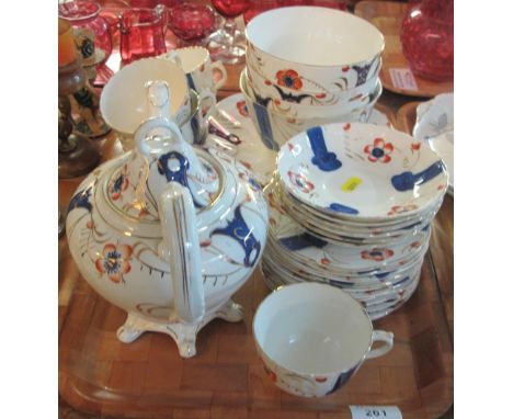 Tray of 19th Century Gaudy Welsh pottery teaware comprising: cups and saucers; various sugar bowls; plates; teapot etc., some