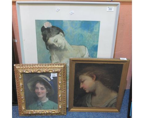 After Picasso, portrait of a mother and child, coloured print, together with 19th Century portrait of a pensive woman in oils